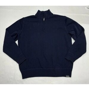 Eddie Bauer Knit Sweater Mens Large Blue 1/4 Zip Pullover 100% Cotton Mock Neck